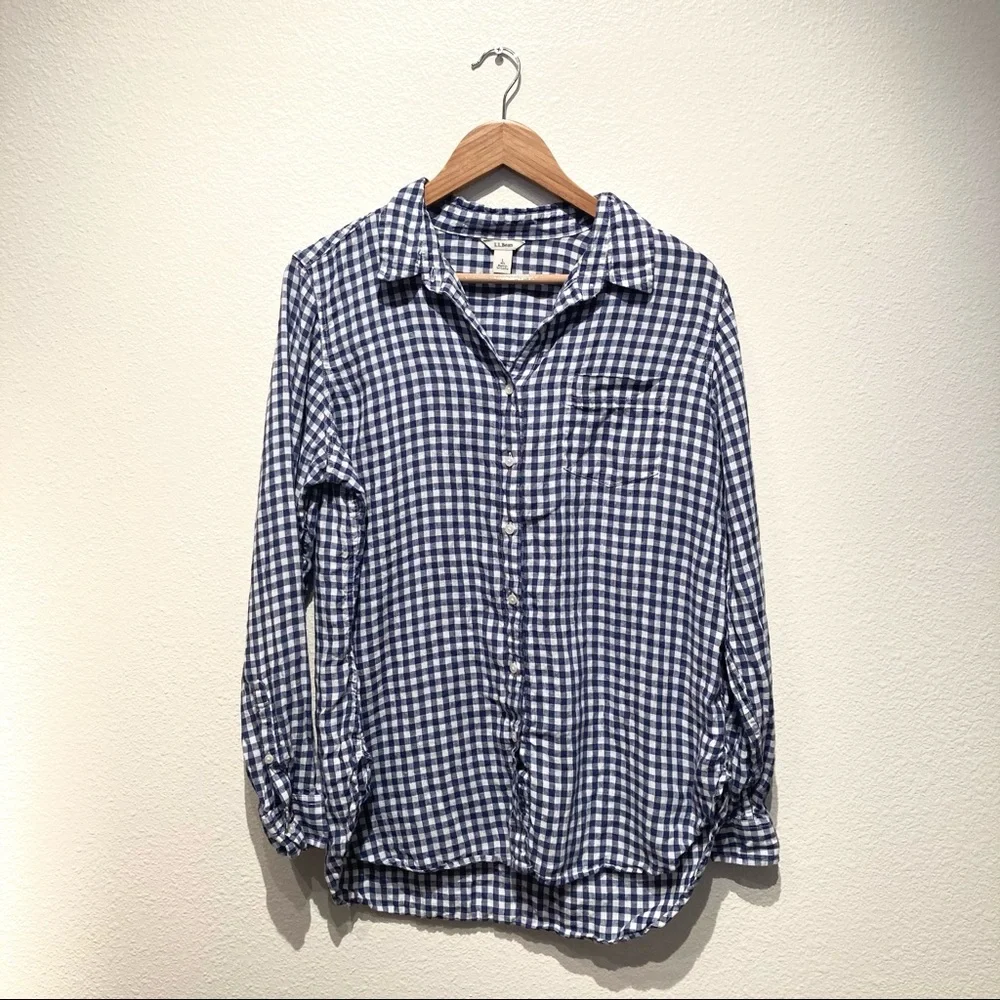 L.L. Bean Linen blue & white Gingham button up blouse size medium
